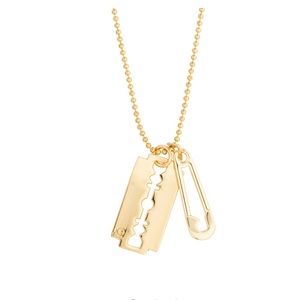 McQ Alexander McQueen Gold Tone Razor Blade and Safety Pin Pendant Necklace